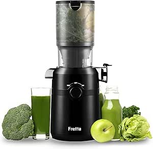 Fretta Estrattore frutta e verdura, apertura 108MM e capacità di 1L estrattore di succo, 200W centrifuga Lenta, 99% nutrienti preservati, senza BPA, facile da smontare e pulire