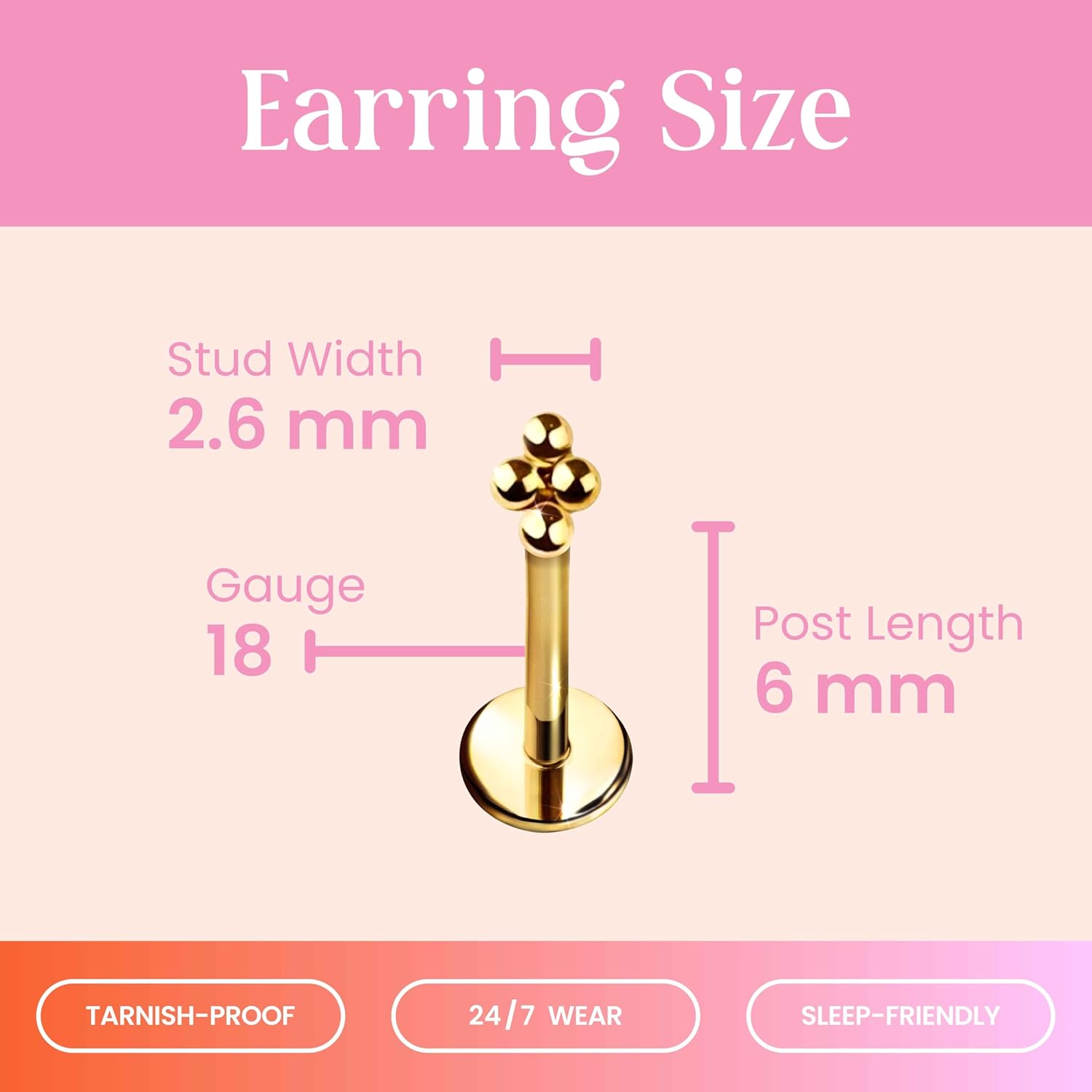 Cords Club Atomic Love Flat Back Stud – ASTM-F136 Implant Grade Titanium - Push Pin Design for Sensitive Ears – Available in 18K Gold Plated & Titanium Silver (Single Earring)