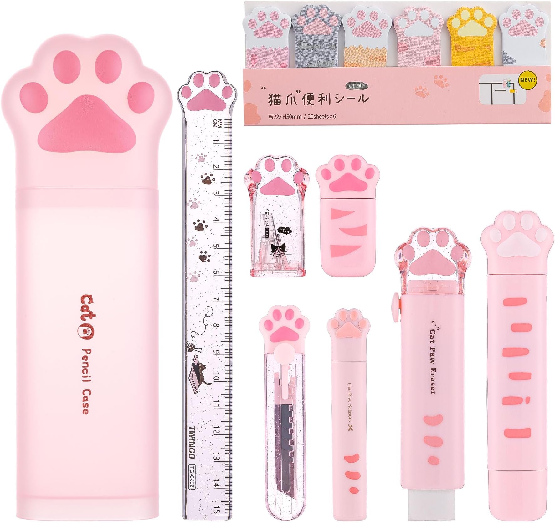 9 Pcs Cute Cat Paw Stationery Set Kawaii School Supplies Including Pencil Sharpener Retractable Eraser Correction Tape Sticky Notes Ruler Mini Scissors Utility Knife for Cat Lovers Students (Pink)