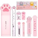 9 Pcs Cute Cat Paw Stationery Set Kawaii School Supplies Including Pencil Sharpener Retractable Eraser Correction Tape Sticky Notes Ruler Mini Scissors Utility Knife for Cat Lovers Students (Pink)