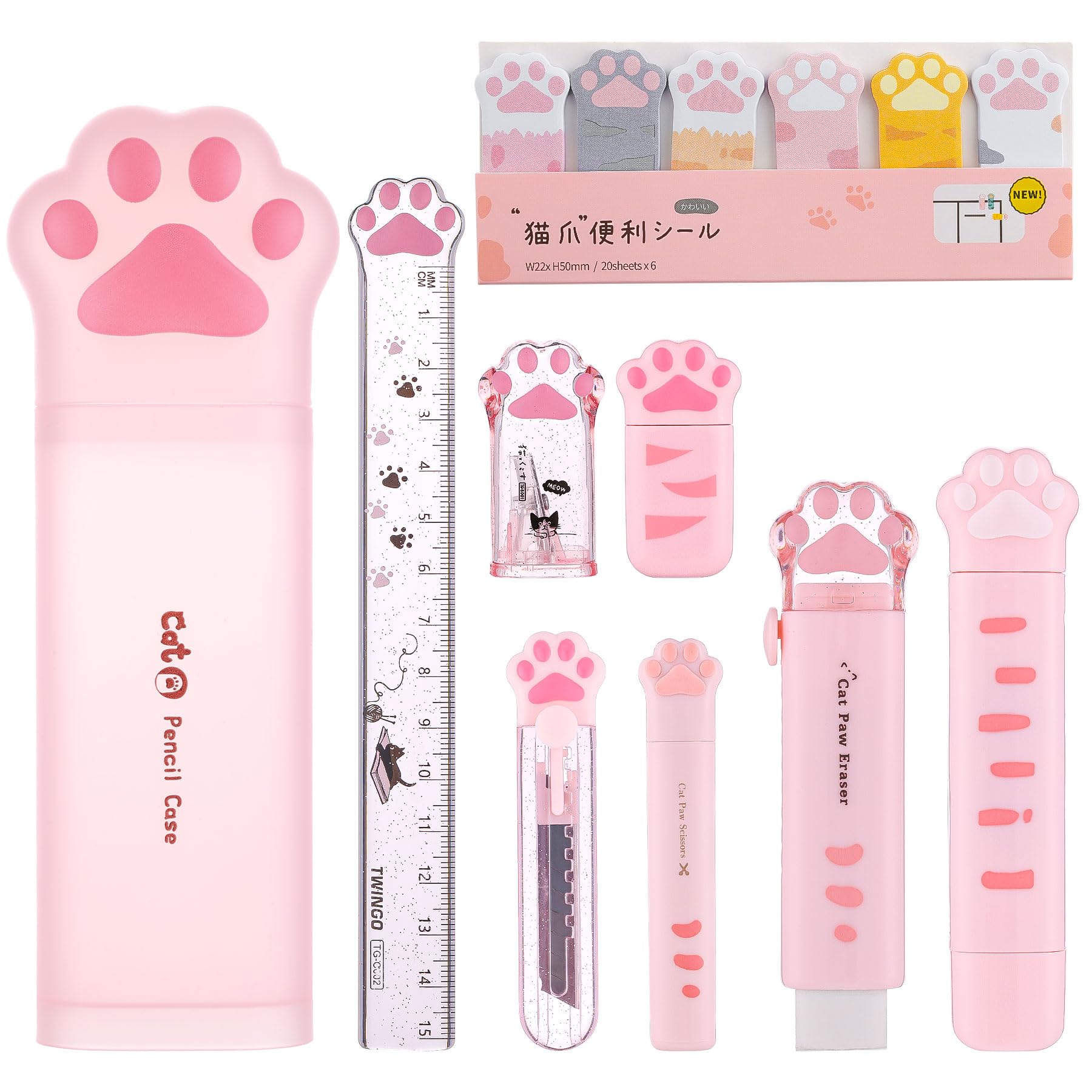 Kogcmeetl9 Pcs Cute Cat Paw Stationery Set Kawaii School Supplies Including Pencil Sharpener Retractable Eraser Correction Tape Sticky Notes Ruler Mini Scissors Utility Knife for Cat Lovers Students (Pink)