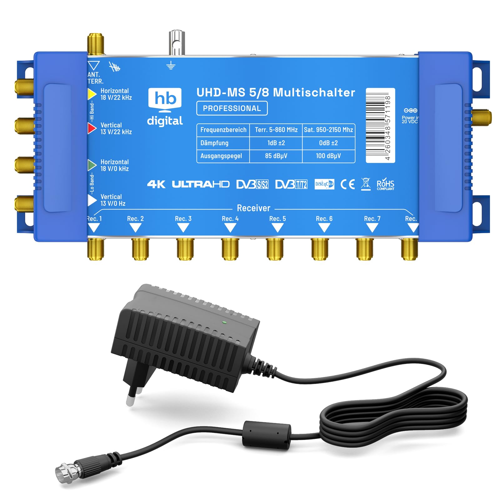 Fuba 8 Teilnehmer Digital SAT Anlage 85cm Schüssel DAA850A Anthrazit + hb-digital UHD 414 S Quattro LNB 0,1dB HDTV 4K + UHD-MS 5/8 Multischalter + Aufdreh-Set + 24 vergoldete F-Stecker Gratis dazu