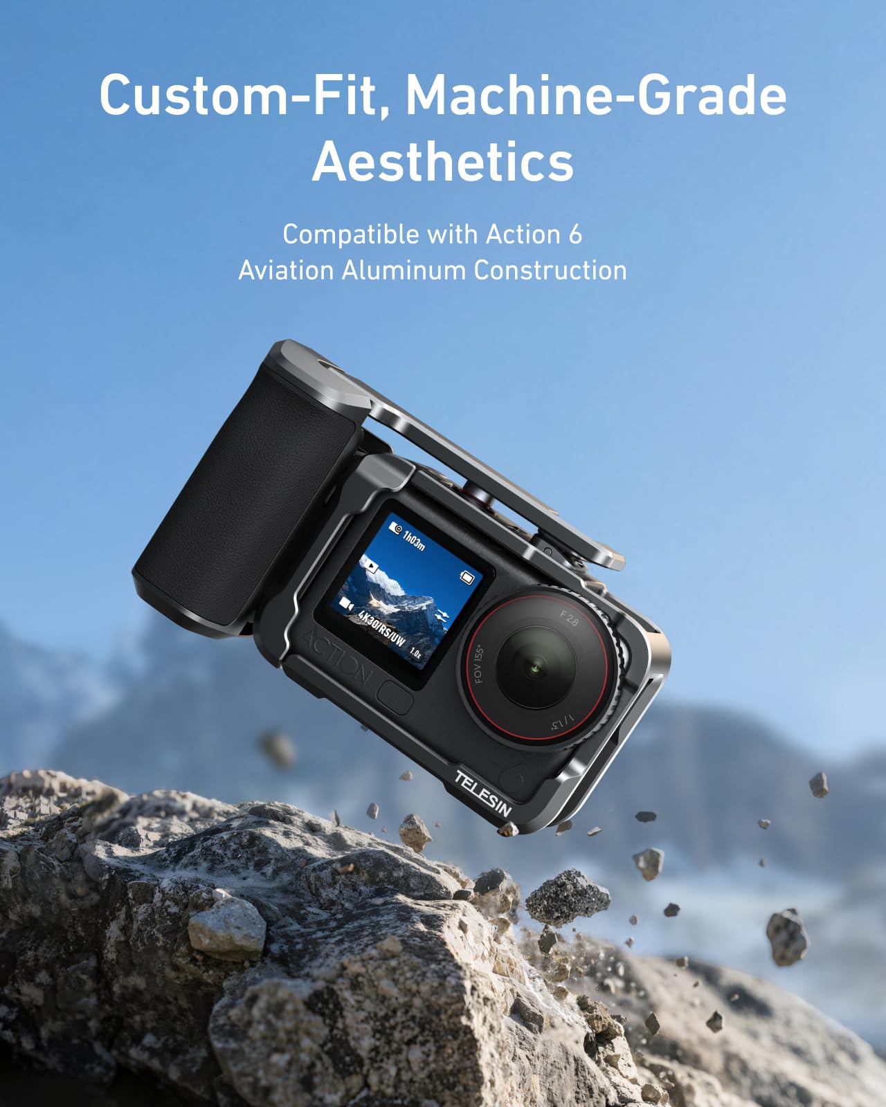 TELESIN Zestaw Street Grip do DJI Action 6 z metalową klatką króliczka | Uchwyt na aparat z konstrukcją kołyskową | Obudowa ze stopu aluminium | Backup Gniazdo na kartę TF |