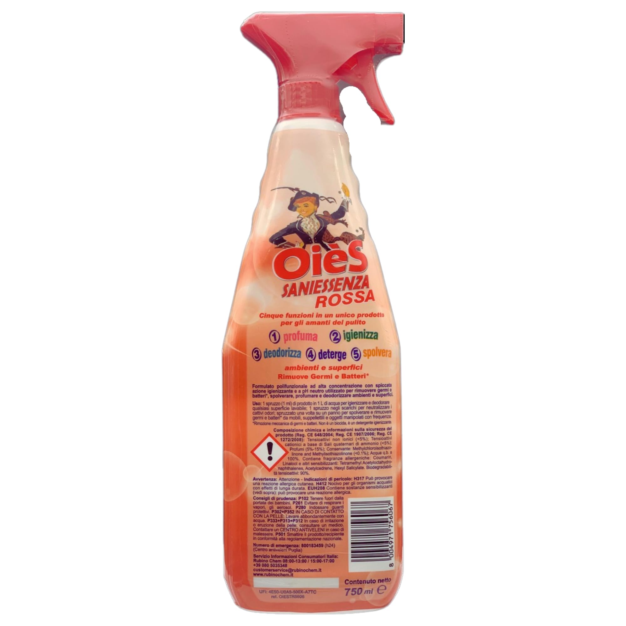 Detergente Spray Igienizzante - ROSSA - Deterge, Profuma, Spolvera, Deodora Ambienti e Superfici. Rimuove Germi e Batteri 750ml (4 Spray)