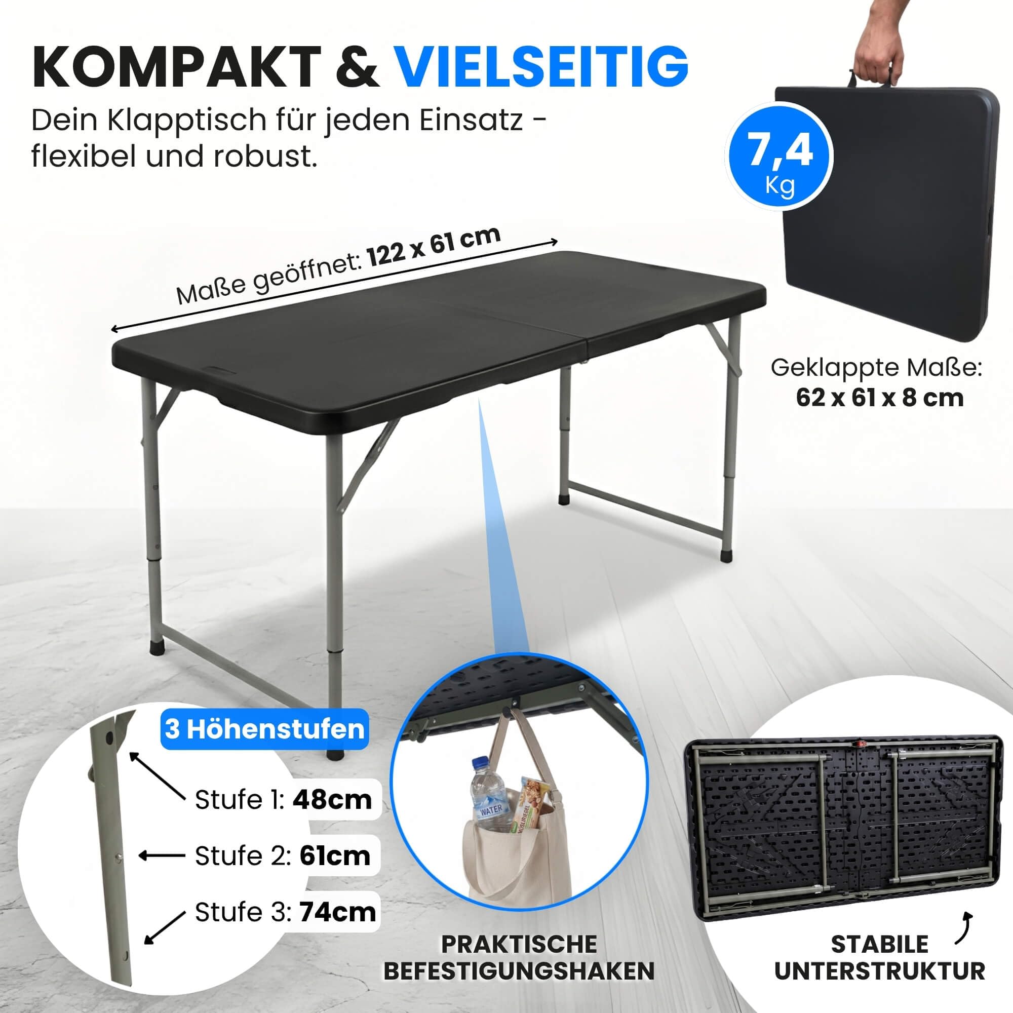 Klapptisch Campingtisch Wetterfest Garten 122cm Höhenverstellbar Klappbar Gartentisch Buffettisch Tragbar Faltbar Schwarz Tragegriff Haken