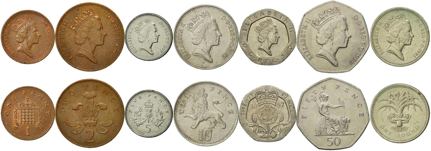British 7 Coin Set 1 Penny 2 5 10 20 50 Pence 1 Pound | Elizabeth II | A Lion | A Rose | Britannia | United Kingdom | 1985-1997
