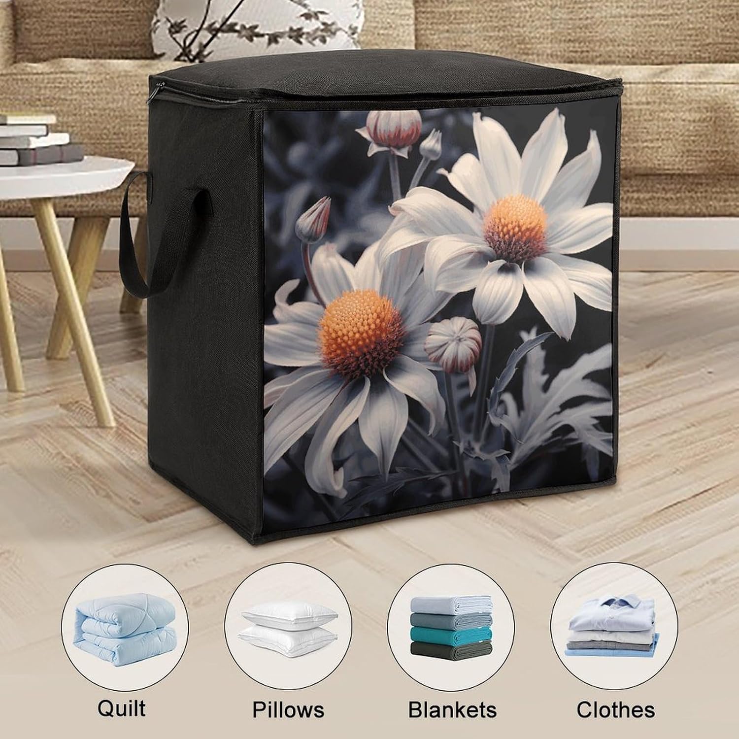 Modern Floral Painting Storage Bag with Zippers And Handle Extra Large Bedding Comforter Storage Bag Foldable Blanket Storage Bags Fabric Moving Bags for Closet Organizer (70L)