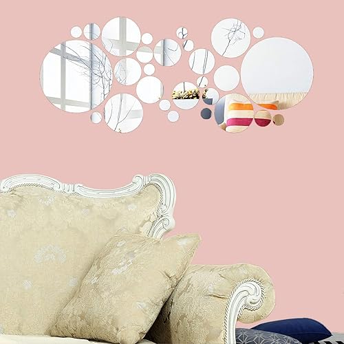 Miniatura 4 de KimDaro Juego de 56 calcomanías de pared de espejo flexibles, acrílico extraíble, círculo, autoadhesivo, plástico para decoración del hogar (redondo)