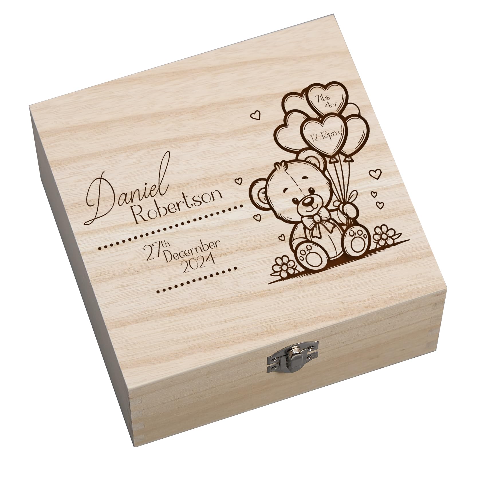 Wooden Baby Memory Keepsake Box with Teddy and Balloon Design Gift for New Parents (Medium)