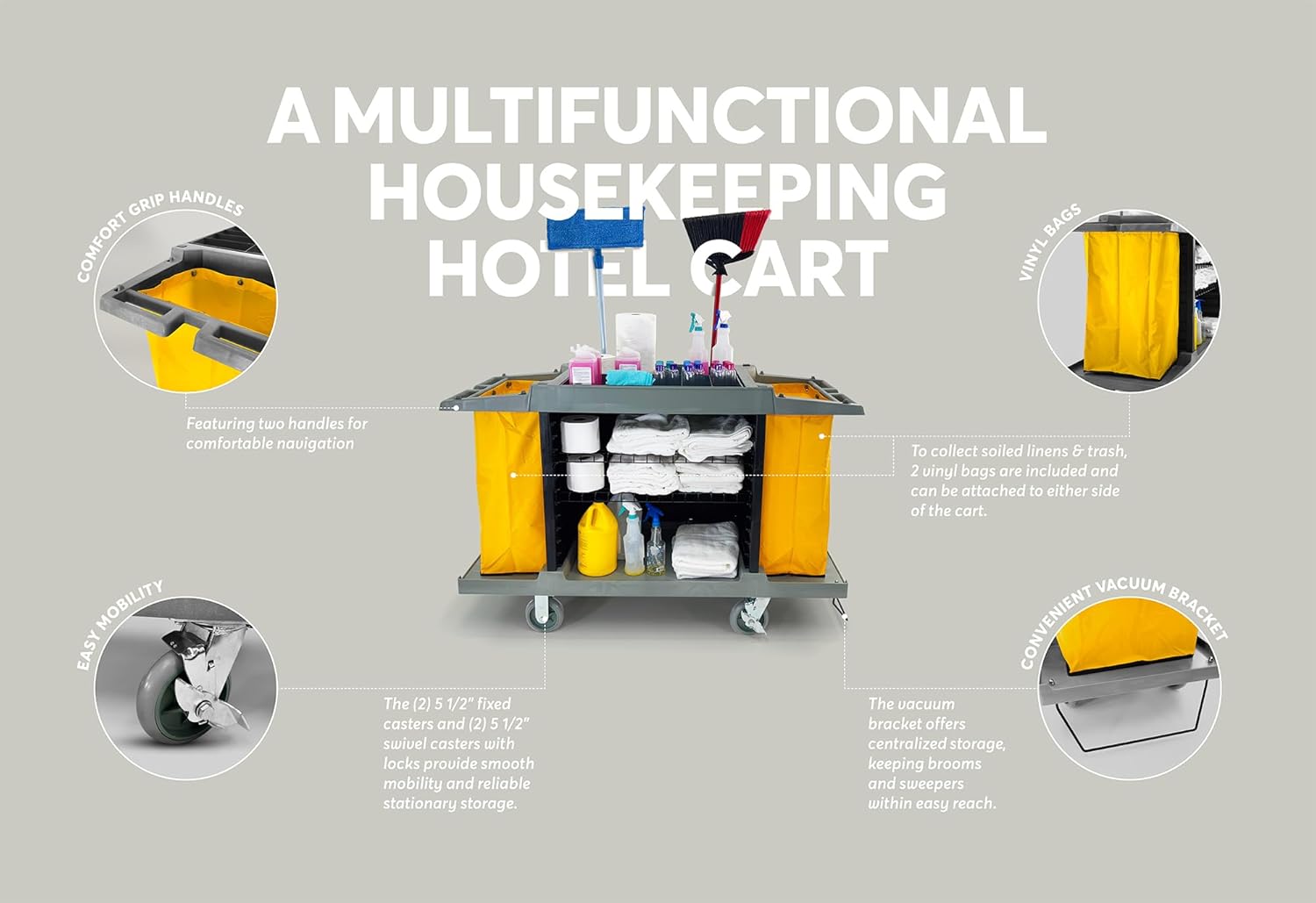 Hotel Cart Housekeeping Room Service Cart H 39" x L 60" X W 21" (Gray)
