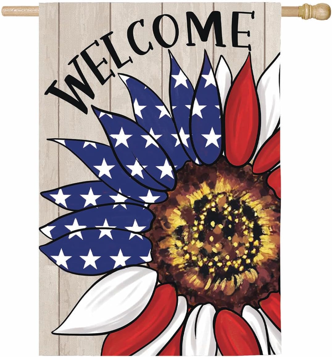Evergreen Flag Patriotic House Flag for Outside, 28 x 44 Inches Garden Flag Double Sided, Fade and Weather Resistant Outdoor Decoration for Homes, Yards and Gardens (Patriotic Sunflower)