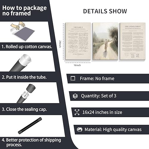 Miniatura 6 de QUTBAG 3 piezas de arte de pared en lienzo con la proclamación de la familia de Cristo viviente, póster de arte mormón con pintura de Jesús,