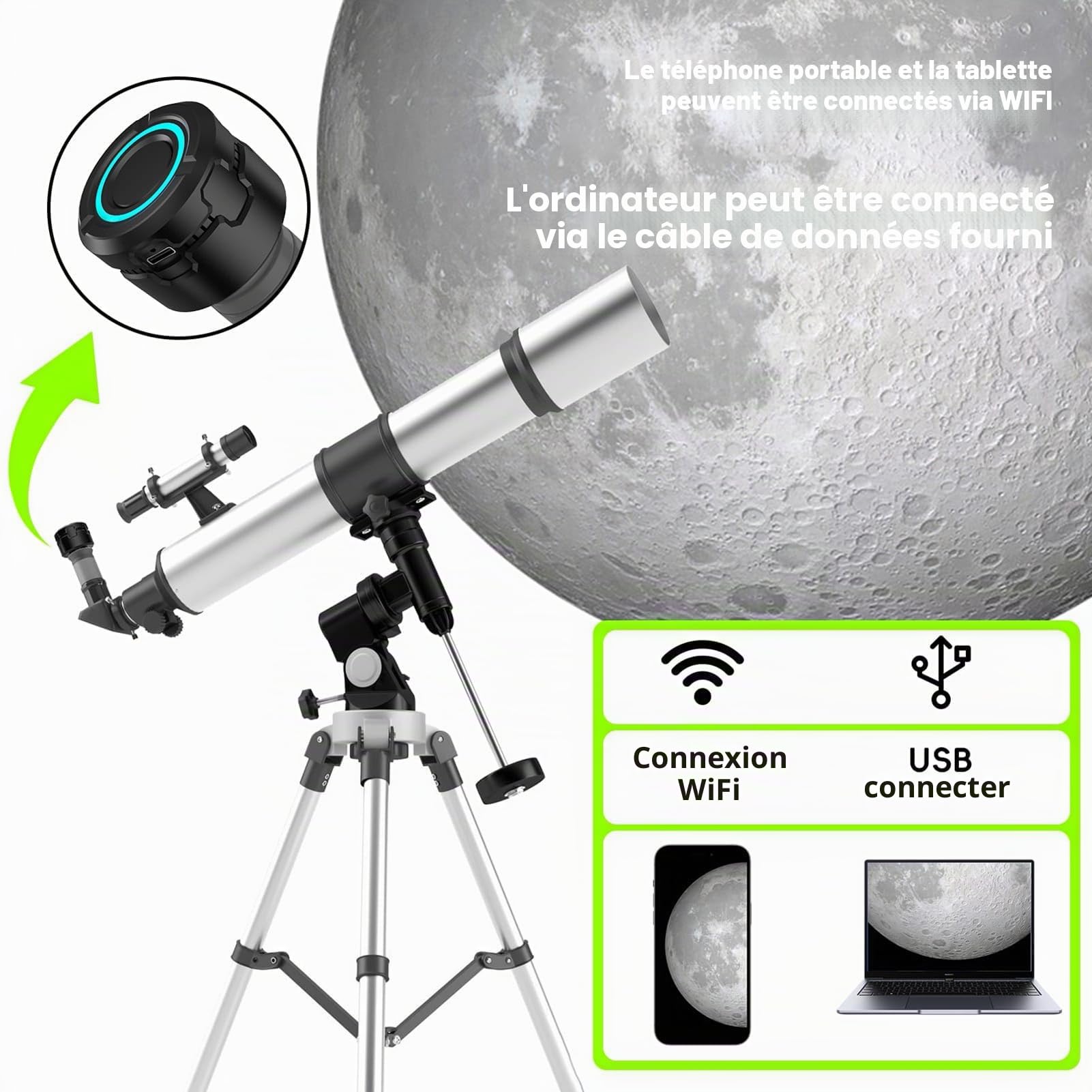 Andoer Oculaire numérique WiFi sans fil pour caméra télescopique, enregistrement vidéo 4K, prise de photos, batterie intégrée, oculaire électronique pour télescope de 1,25"