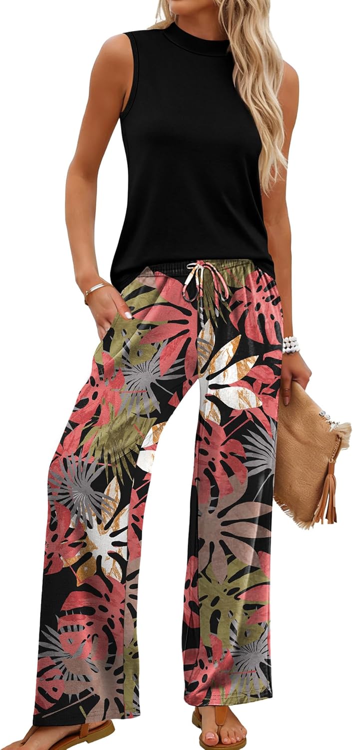 WIHOLL Two Piece Set for Women Summer Spring Outfits Cruise Travel Airport Beach Vacation Mock Neck Wide Leg Pants Set