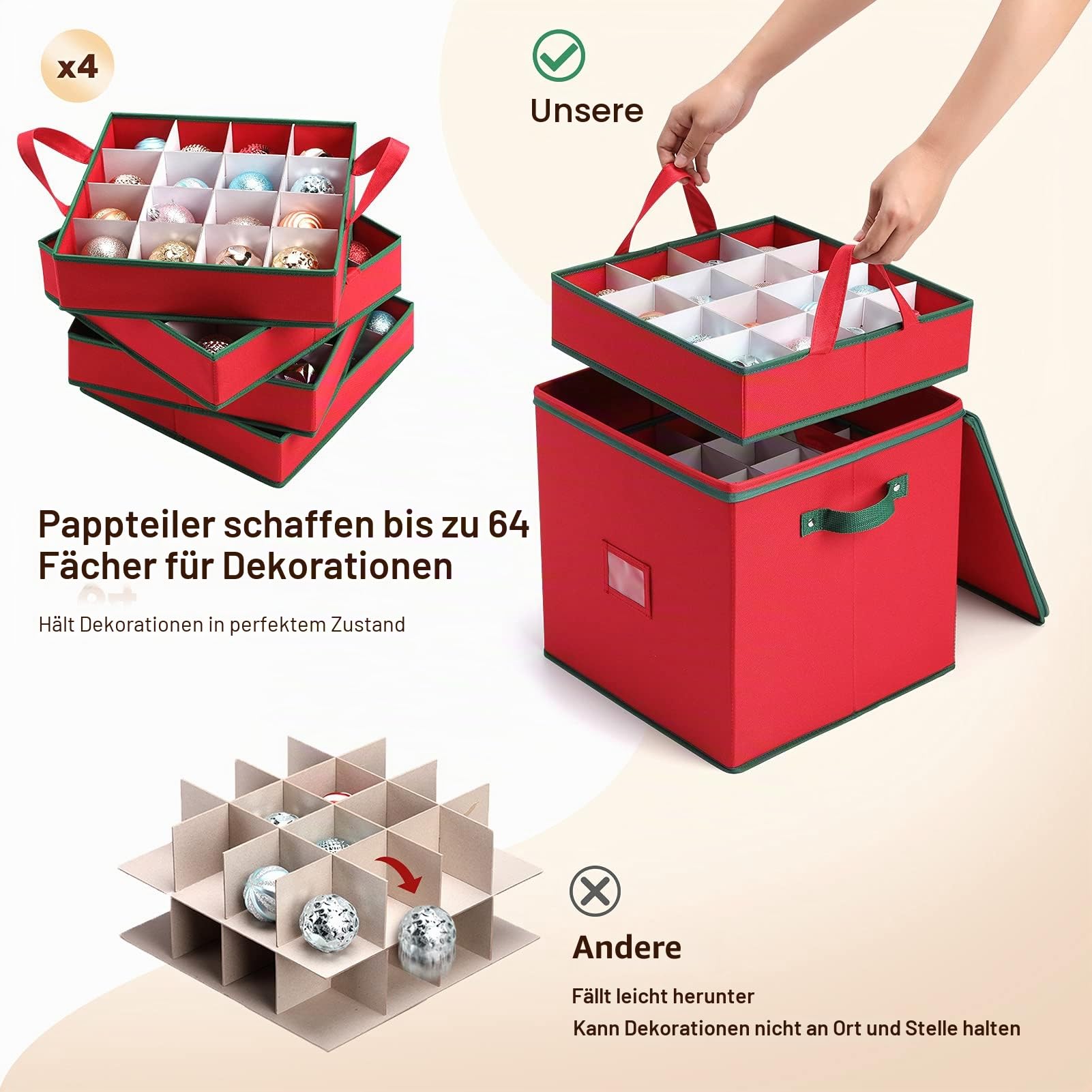 MaidMAX Aufbewahrungsbox für Weihnachtskugeln mit Verstellbaren Trennwänden, Aufbewahrungstasche Weihnachten mit 4 Ebenen, Abnehmbar mit Griffen, 64 Kugel-Aufbewahrungsbeutel, 32x32,5x33cm