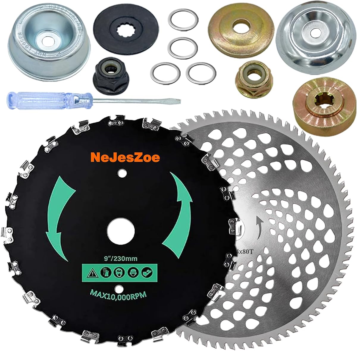 9” x 20T Chainsaw Tooth Brush Cutter Blades 10" x 80Teeth Weed Trimmer Saw Blade with Universal Adapter Kits for Weed Eater, Brush Cutters, String Trimmers, and Weed Wreckers