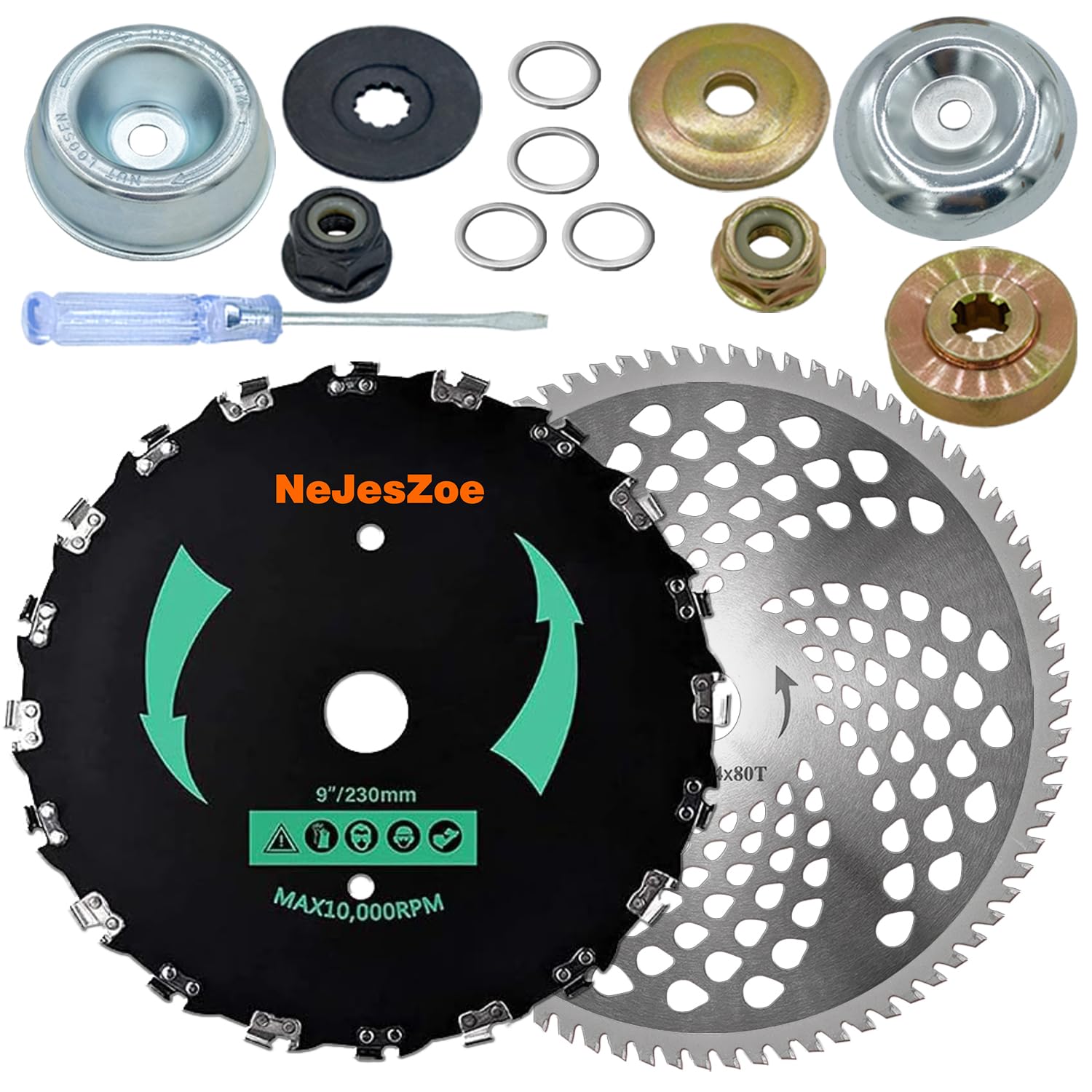 NeJesZoe 9” x 20T Chainsaw Tooth Brush Cutter Blades 10" x 80Teeth Weed Trimmer Saw Blade with Universal Adapter Kits for Weed Eater, Brush Cutters, String Trimmers, and Weed Wreckers