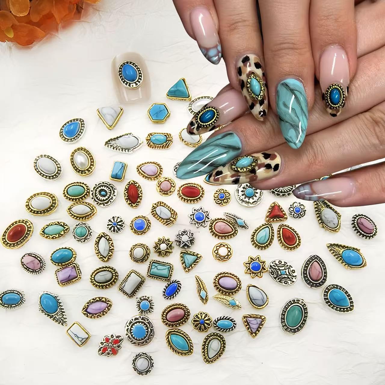 50Pcs Vintage Turquoise Nail Charms Bohemian Ethnic Nail Art Decorations Retro Alloy Gemstone Charms for Acrylic Nails DIY Manicure Accessories for Women