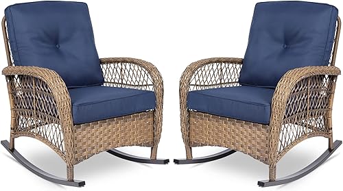 Miniatura 12 de VIVIJASON Mecedora Loveseat de Mimbre para Exteriores con Mesa de Café, Juego de Sofá Mecedor de Ratán para 2 Personas con Cojines Gruesos, Mecedora