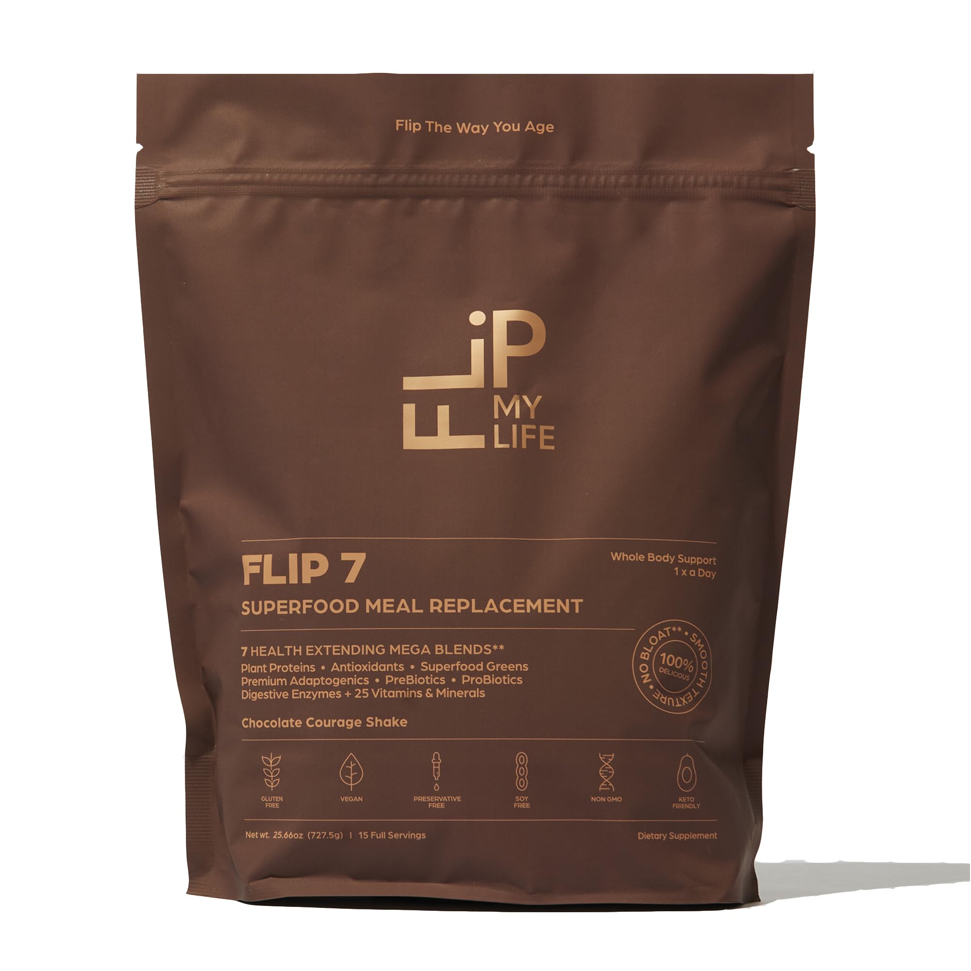 Flip 7 Natural SuperFood, Plant-Based Protein, Complete Meal Replacement to Support Healthy Gut, 7 Mega Nutrient Rich Blends all in one to AGE BETTER - Chocolate