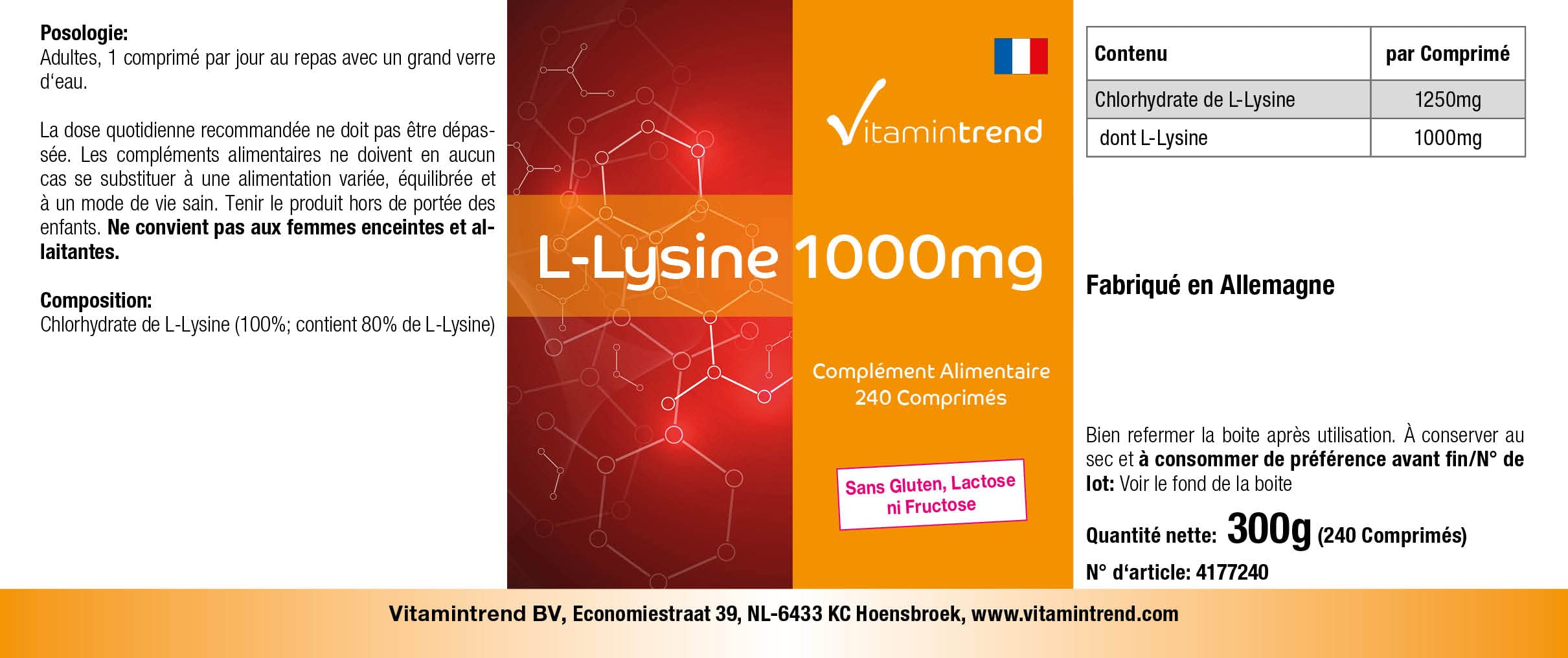Vitamintrend L-Lisina 1000 mg, 240 compresse, ad alto dosaggio, integratore alimentare vegano senza stearato di magnesio, prodotto in Germania