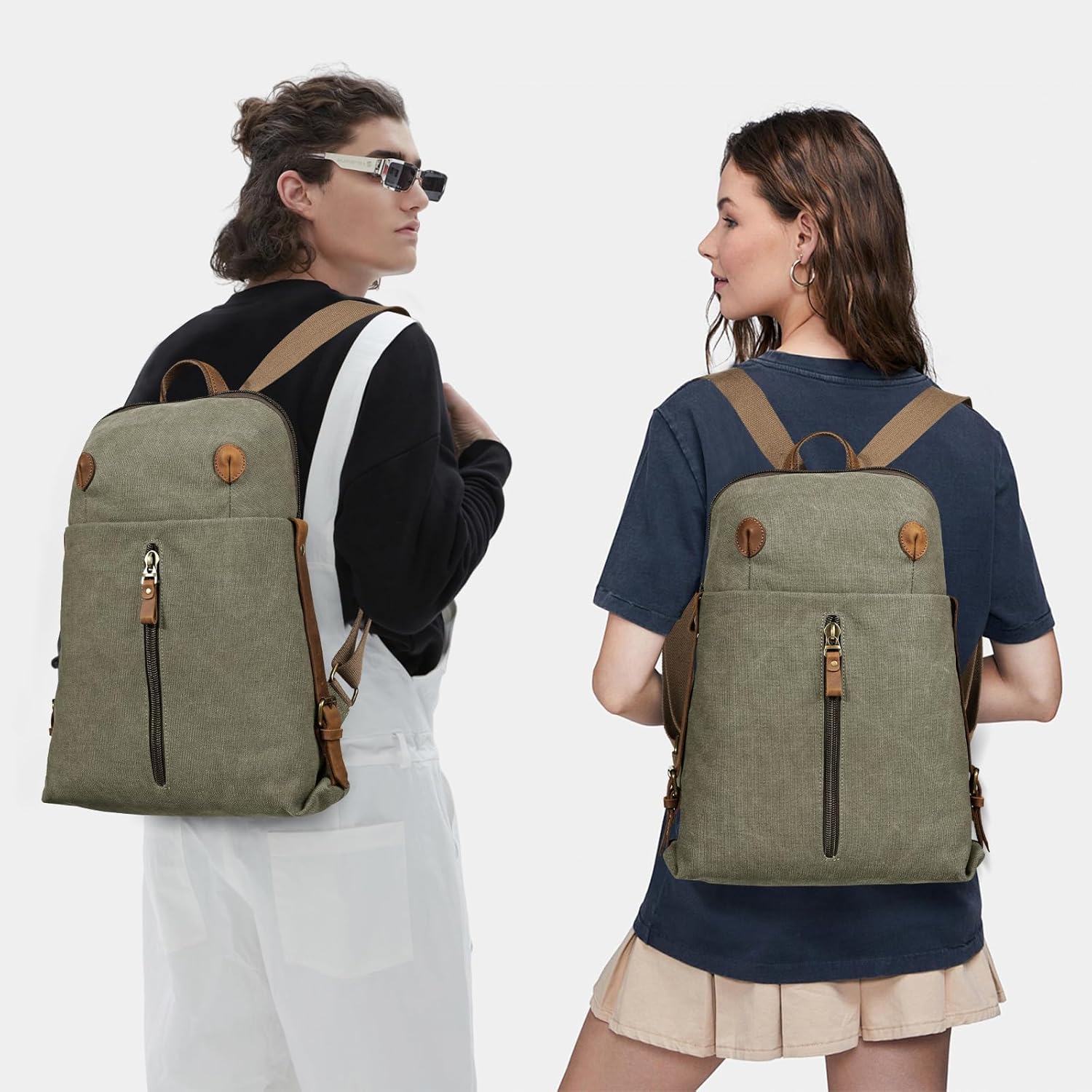 KL928 Vintage Canvas Backpack for Men Women, Laptop Rucksack Daypack Backpacks, Outdoor Travel Bagpack, Olive Green