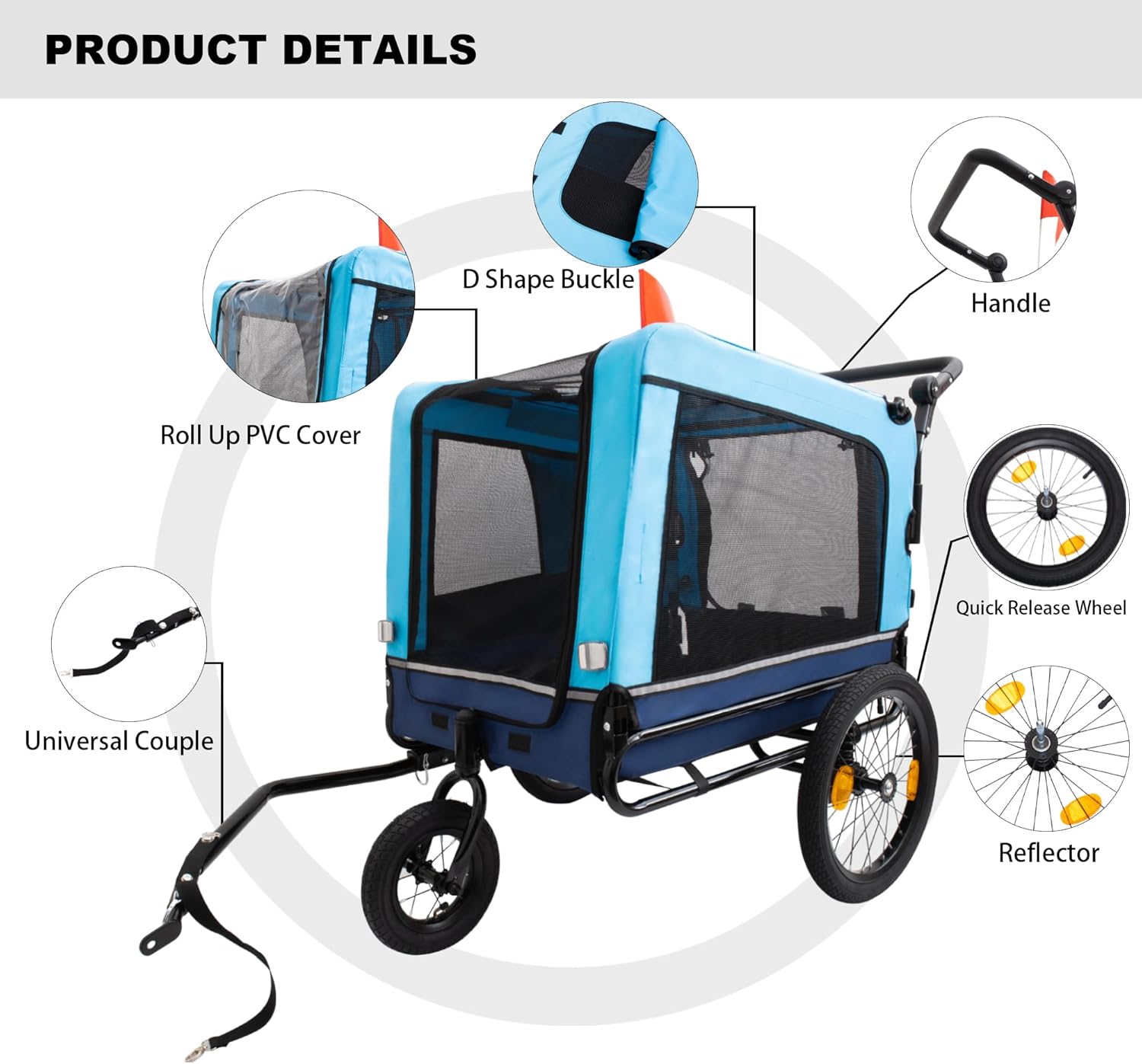 Dog Bike Trailer, Supports up to 88 lbs, 2-in-1 Pet Stroller Cart Bicycle Carrier, Easy Folding Cart Frame with Quick Release Wheels, Universal Bicycle Coupler, Reflectors, Flag, Blue
