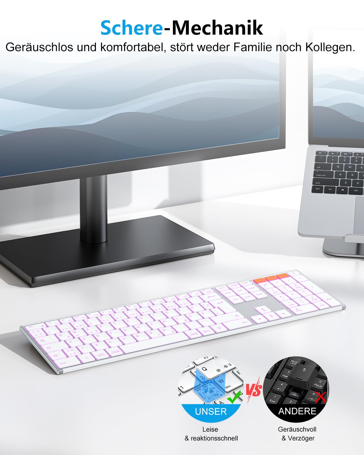 OMOTON Tastatur Kabellose Beleuchtet, Bluetooth + 2,4G, QWERTZ, Silber | Metallgehäuse, Multi-Device, Wiederaufladbar, Leise, Ergonomische, Windows/macOS/PC, Büro/Homeoffice/Reisen