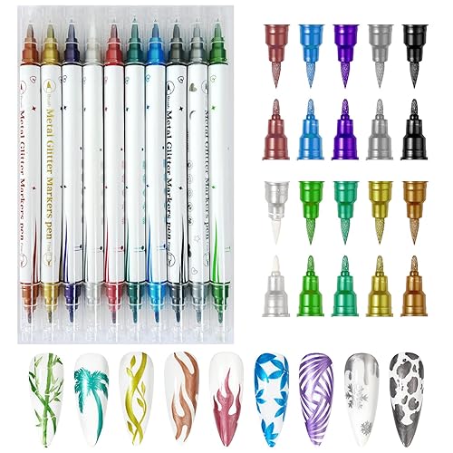 Gorvalin 10 Colors Double Ended Metallic Nail Art Marker Pens,
