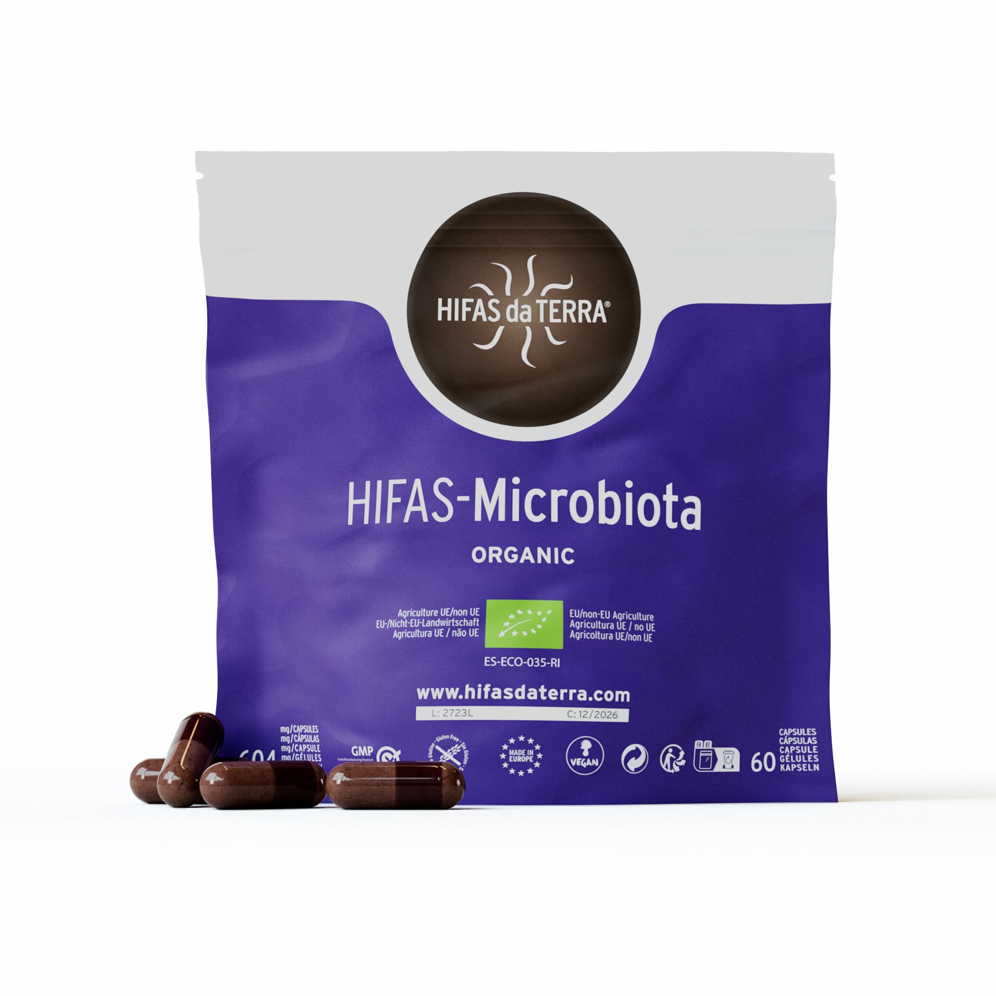 HIFAS DA TERRA - HIFAS-Microbiota Extractos de Hongos Puros de Reishi, Melena de León, Pleurotus y Shiitake para el Bienestar Digestivo, con Efecto Prebiótico - Refill 60 Cápsulas