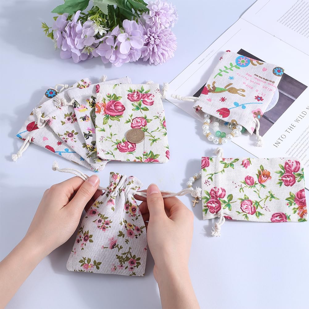 Beebeecraft 16Pcs 4 Styles Jewelry Burlap Bags 5.5" x 3.9" Polyester Drawstring Gift Bags with Printed Flower Rabbit Bird for Jewelry Wedding Favors Present and DIY Craft