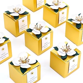 Affrolling 50 Pcs Wedding Favor Boxes with Thanks Card Square Flower Can...