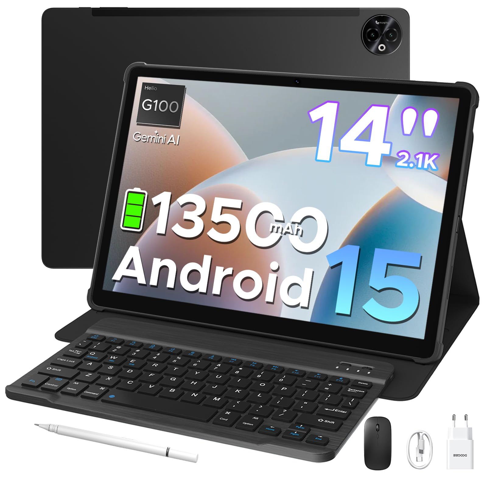 DOOGEE Tab E3 Max 2.1K Tablet 14 Pollici, Tablet con Tastiera, 32GB+256GB(2TB TF), 13500mAh, MTK G100 Octa-Core, Dual SIM 4G LTE+5G WiFi, Android 15/16MP/BT5.2/GMS,Tablets con Penna + Mouse + Custodia