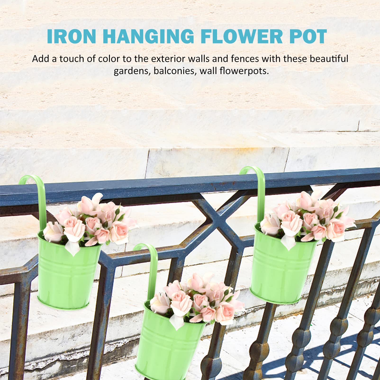6 Macetas Colgantes De Hierro Con Gancho Desmontable - Para Balcón, Jardín | Maceteros Pequeños, Color Beige, Exterior/Interior