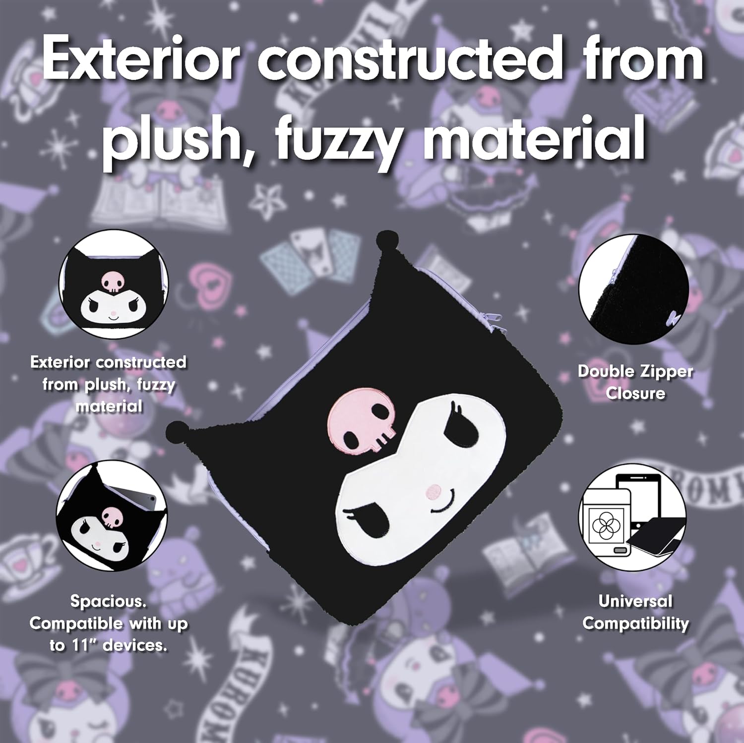 Sonix x Sanrio Plush Tech Sleeve | 11 inch Fuzzy iPad Tablet Pouch Carrying Case Cover, Protective Travel Bag | Black - 11" | Kuromi