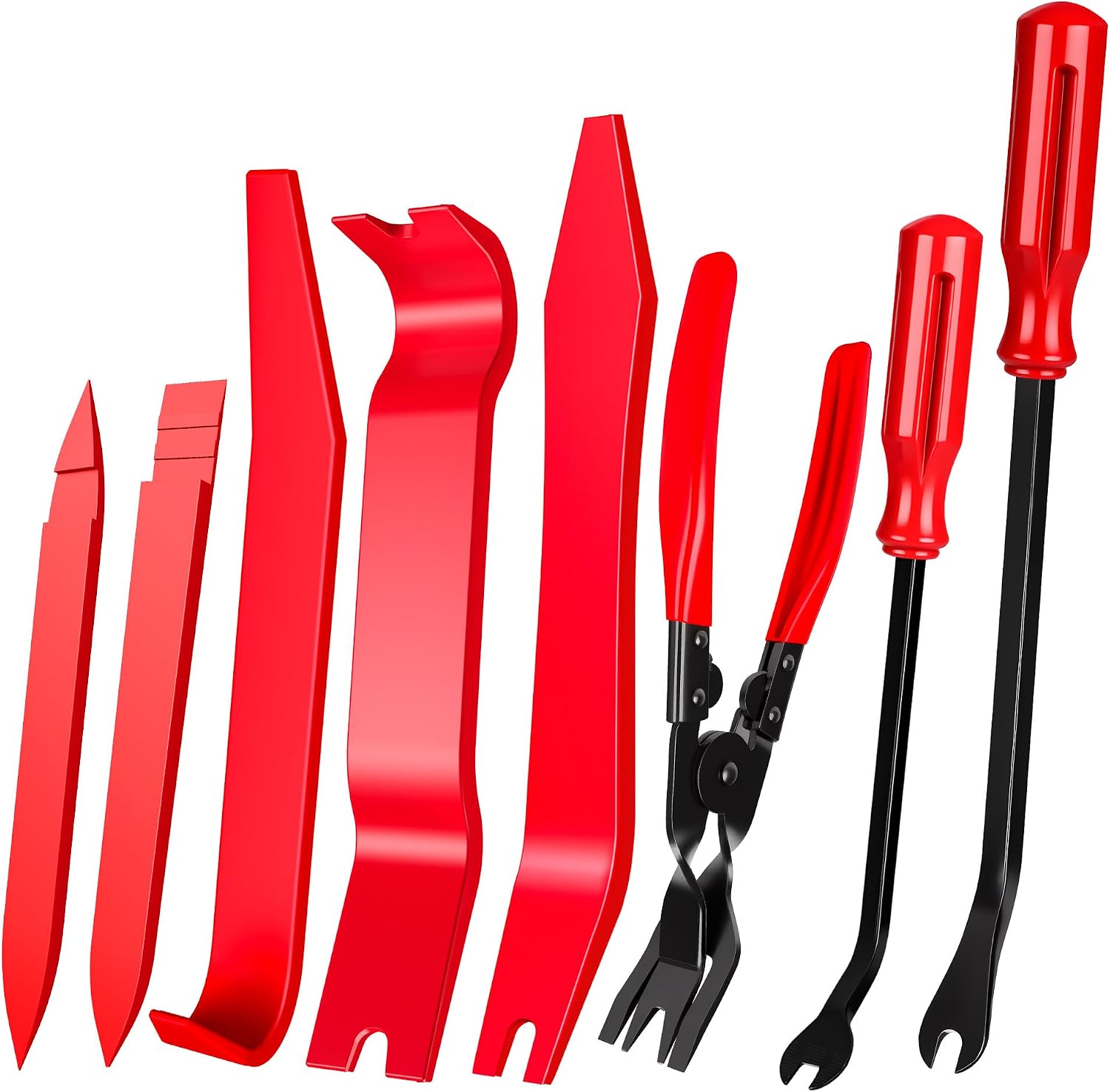 8 Pcs Auto Trim Removal Tool Kit Plastic Pry Tool & Clip Remover Pliers for Car Panel Dashboard Door Clips and Upholstery,No Scratch Plastic Trim Repair Tools Set-Red
