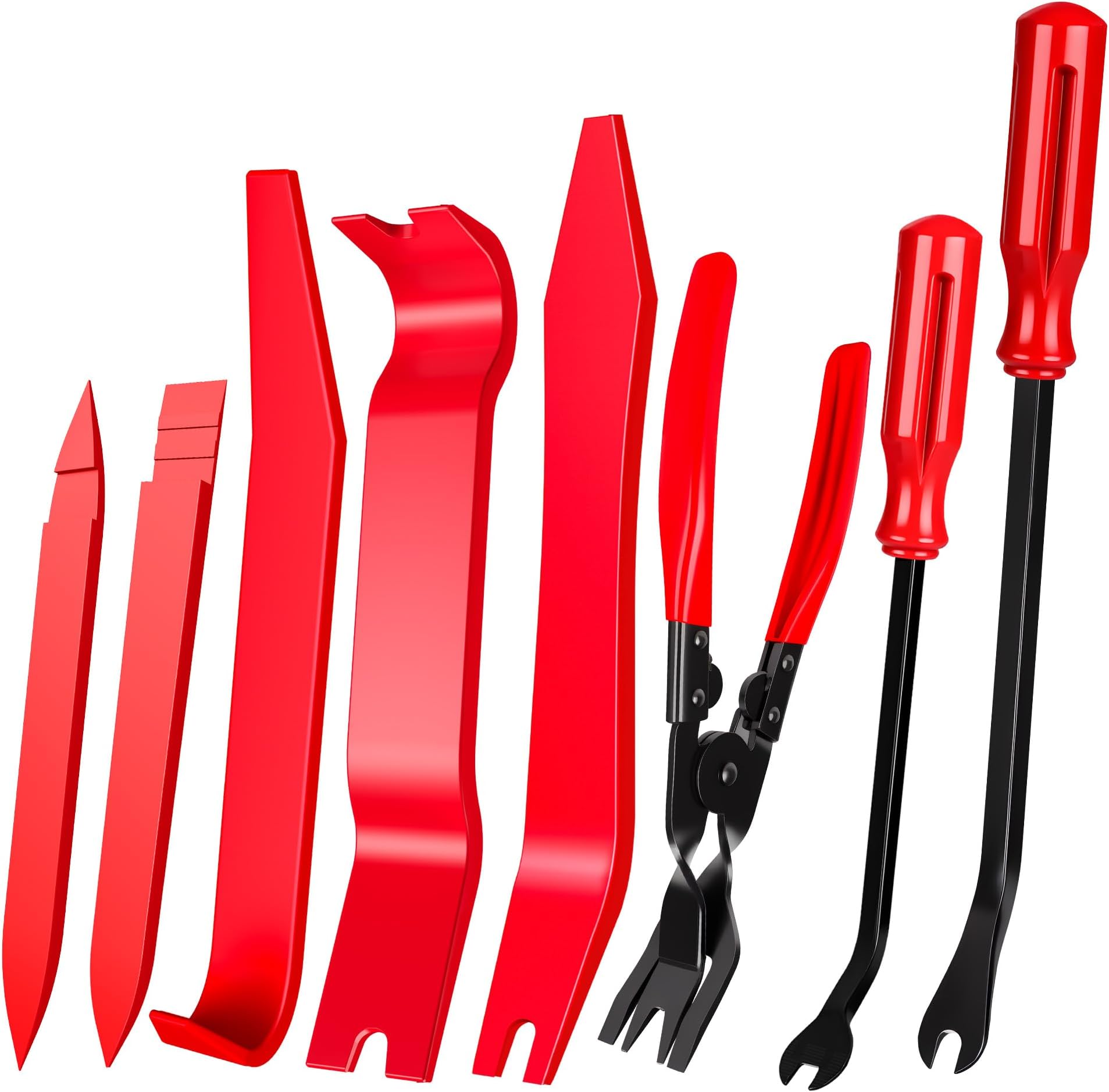 8 Pcs Auto Trim Removal Tool Kit Plastic Pry Tool & Clip Remover Pliers for Car Panel Dashboard Door Clips and Upholstery,No Scratch Plastic Trim Repair Tools Set-Red