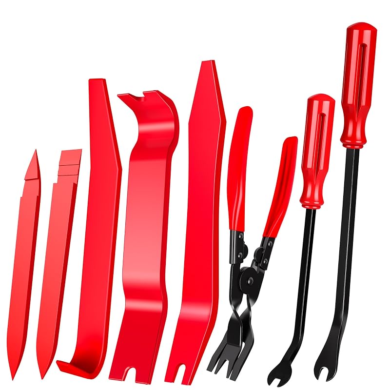 Kit com 8 Ferramentas para Remoção de Acabamentos Automotivos XBRN com Alicate para Presilhas e Espátulas de Nylon XBR13 Vermelho