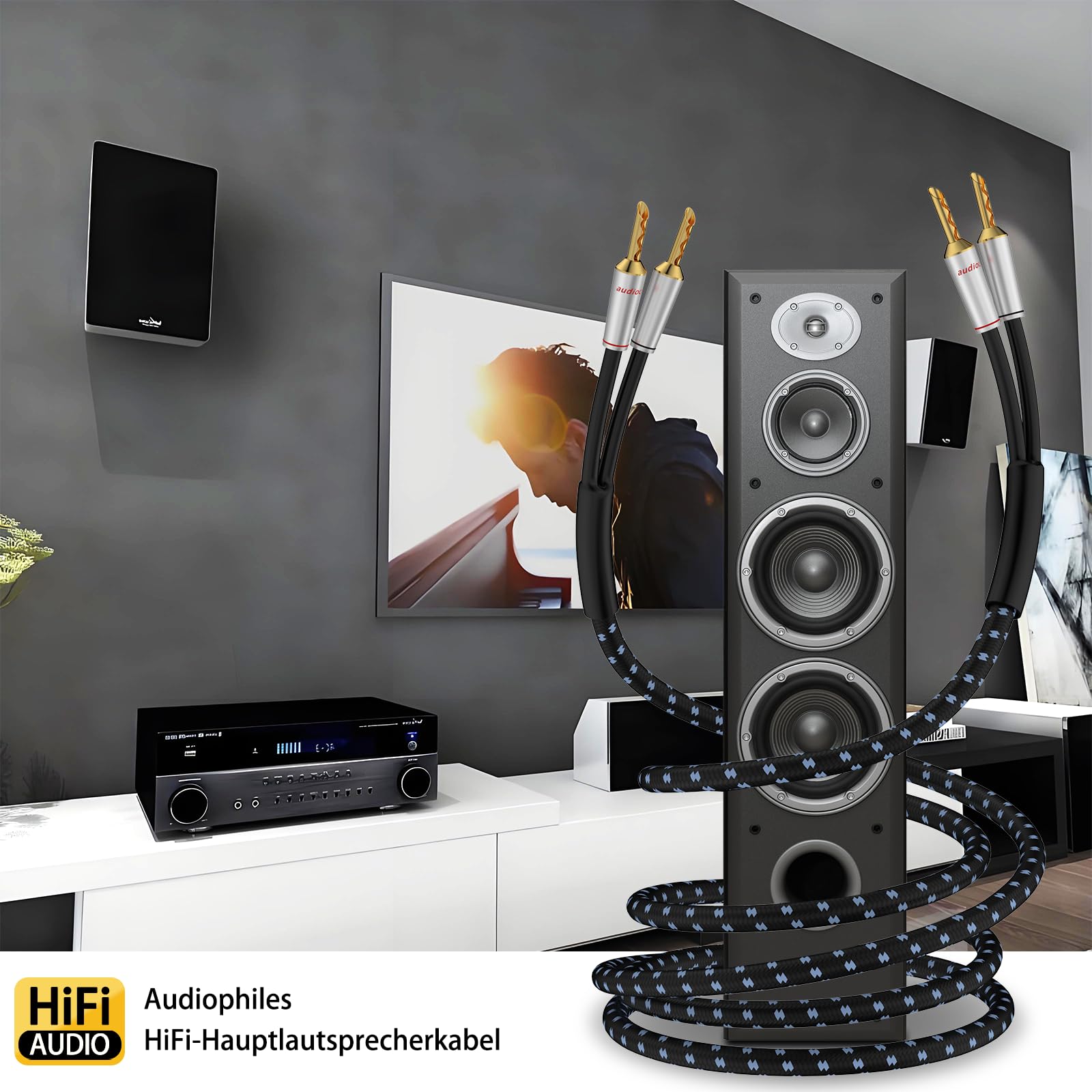 Tertullus Cables de Alta Gama OFC Bañados en Plata Con Conector Banana para HiFi, Cine en Casa, Amplificadores, Altavoces, Sistema HiFi (3 m)
