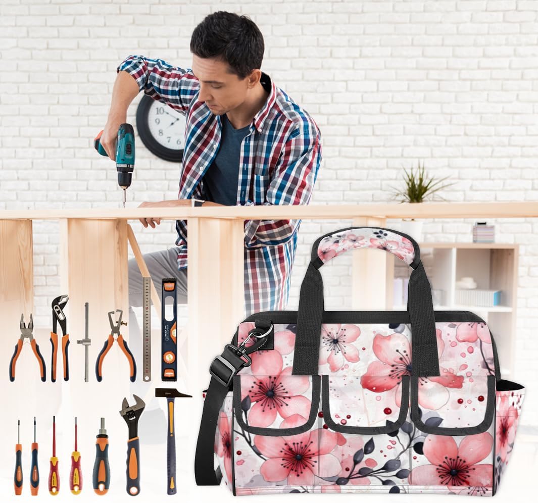 Cartoon Cute Plum Blossoms Tool Bag with Multi-Pockets Wide Mouth Tool Tote Bag for Women and Men Waterproof Tool Organizer Storage Bag with Adjustable Shoulder Strap and Ergonomic Handle