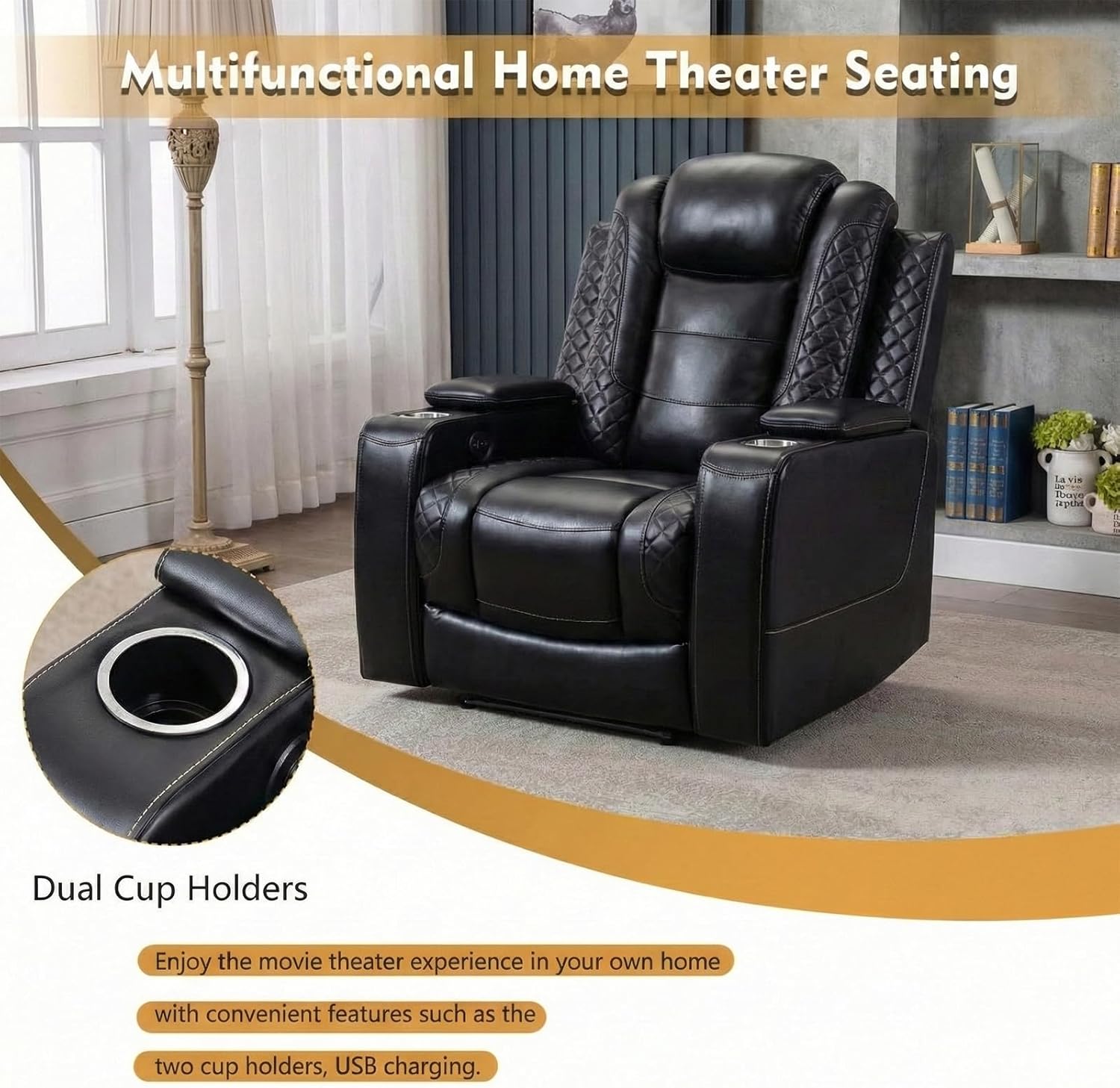 1PCS Power Recliner Sofa Chair,Luxury Home Theater Seating Game Movie Seat,USB Port,Read Light,Cup Holders,Center Console, Faux Leather for Living Room,Media Rooms & Bedroom Black