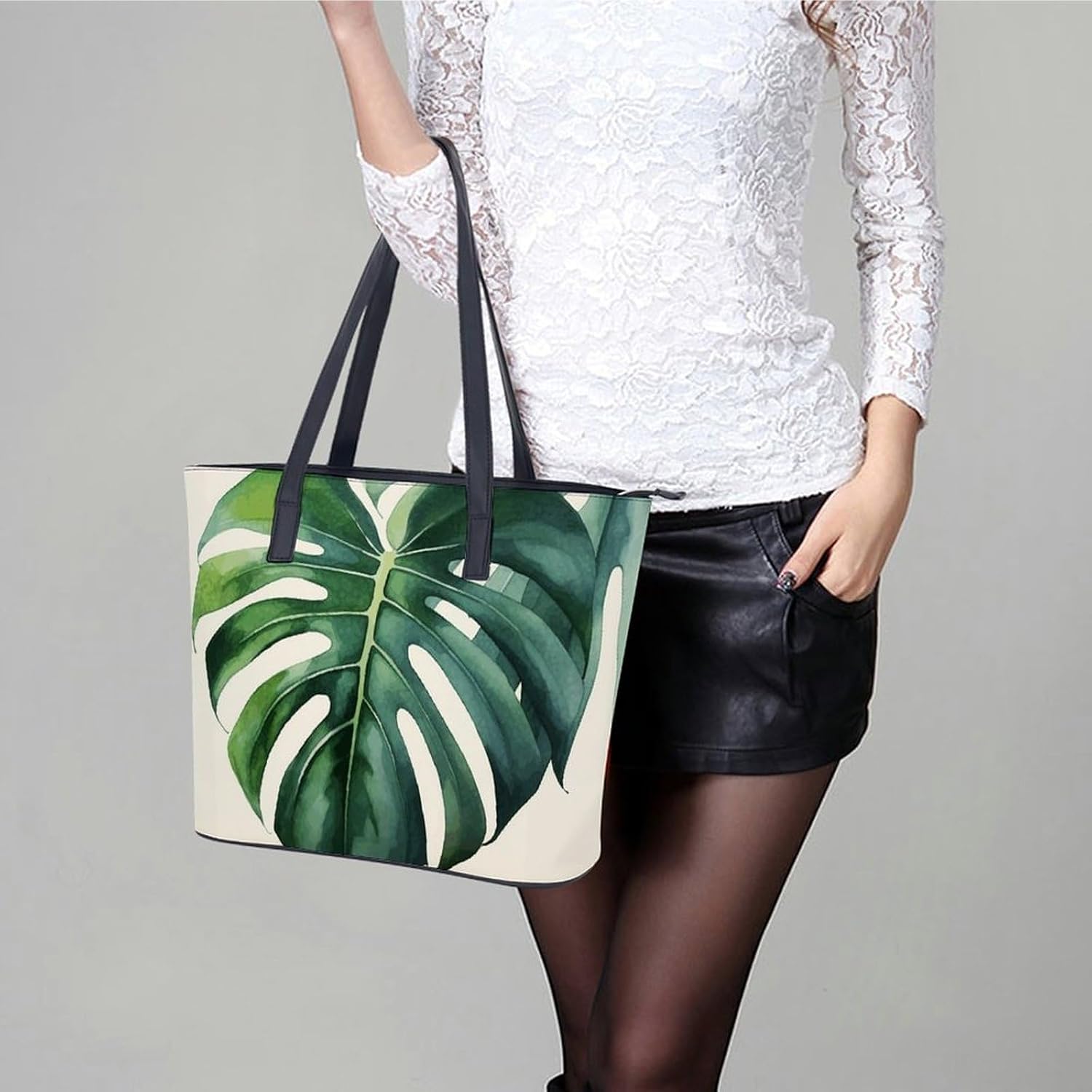 Watercolor Monstera Leaf Leather Lady's Handbag Crossbody Purse for Women Ladies Soft Shoulder Bag Medium Roomy Handbag Fashion Tote Top Handle Satchel