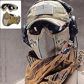 AOUTACC Airsoft Protective Gear Set, Half Face Mesh Mask with Ear Protection and Tactical Goggles for Kid Adult Men Women BBS Paintball Shooting CS Survival Games Cosplay (MA)