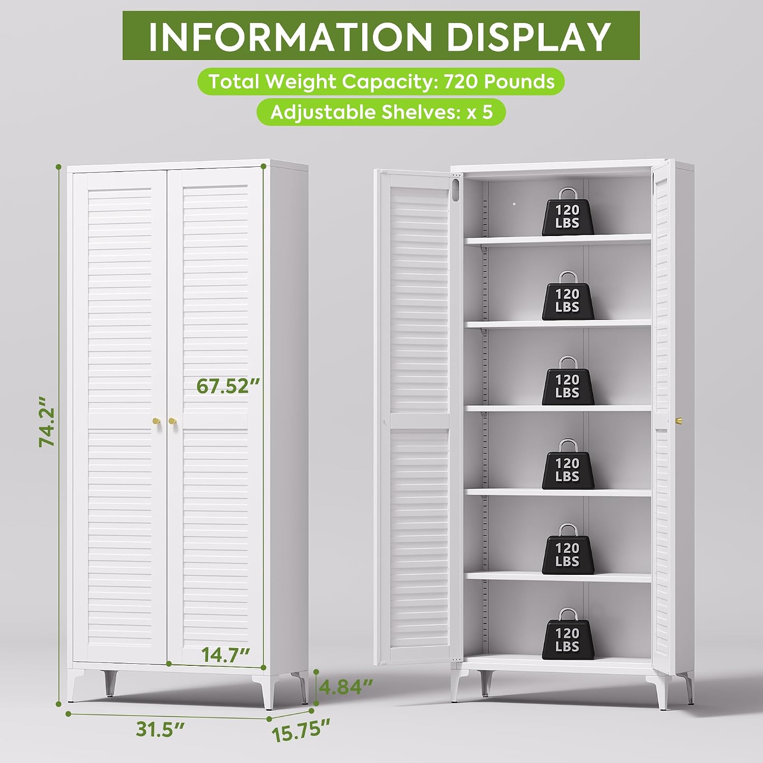 74" H Kitchen Pantry Storage Cabinet, Metal Storage Cabinets with 5 Adjustable Shelves for Home, Kitchen, Living Room, Required Assembly, White