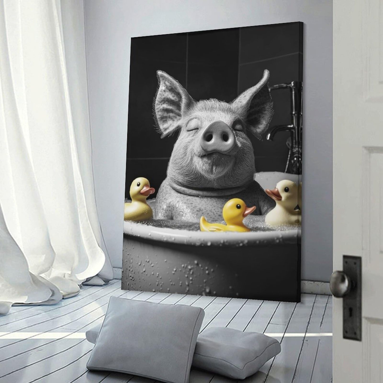 Junmoney Pig in Bathtub with Rubber Ducks Wall Art Print, 20x30inch(50x75cm), for Wall Displays, Bedrooms Or Room Updates, A Versatile Canvas Print for Layering