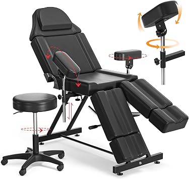 Facial Bed Tattoo Chairs for Clients, Professional Adjustable Esthetician Beds, Multiuse Massage Table Spa Chairs, HeavyDuty Hold Up to 440lbs Bed + Chair Without Backrest