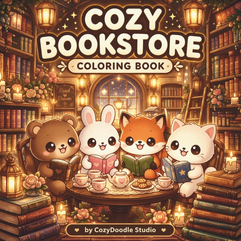 Cozy Bookstore Coloring Book: Cute & Relaxing Reading and Bookshop Scenes for Stress Relief | Cozy Kawaii Coloring Book for Adults and Teens