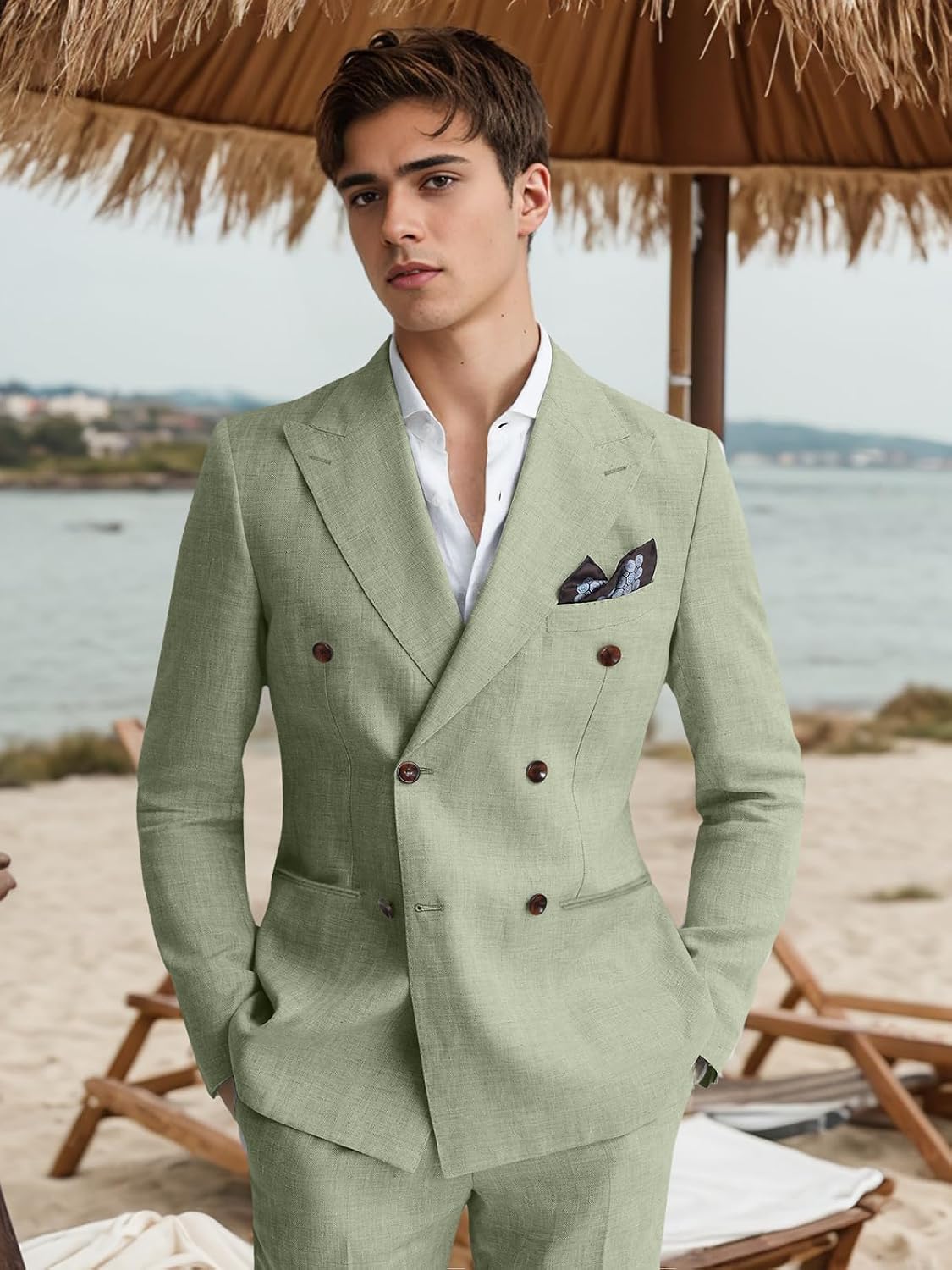 Men's Linen Slim Fit 2 Piece Suit Set Casual Business Blazer & Flat Front Pants for Wedding Summer Beach Party
