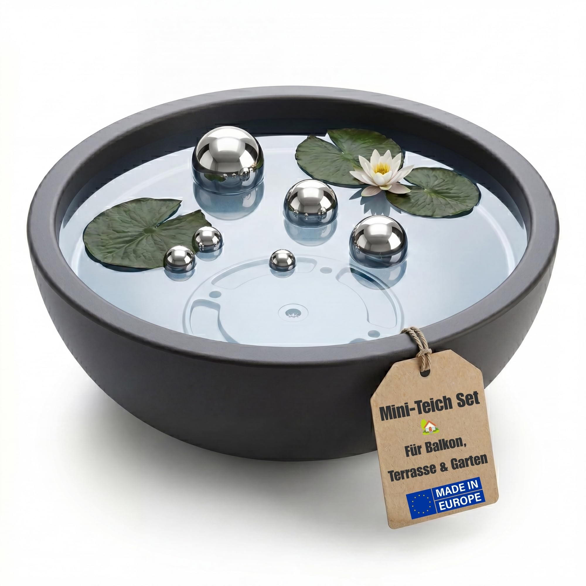 Miniteich Brunnen Set Schale mit Teichkugeln innen und außen Komplettset 39cm Durchmeseser