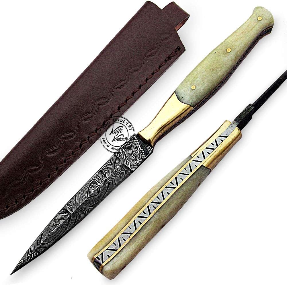 Beautiful Camel Bone Damascus Slim Dagger Hunting Knife, Double Edge, Fixed Blade Hunting Knife for EDC, Camping, Outdoor Survival Hunting Accessories, Gifts for Men, Boyfriend, Dad, Father’s Day Gift, 100% Prime Quality